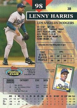 1993 Stadium Club - First Day Production #98 Lenny Harris Back