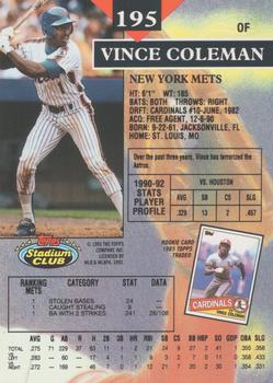 1993 Stadium Club - First Day Production #195 Vince Coleman Back