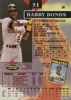 1993 Stadium Club - First Day Production #51 Barry Bonds Back