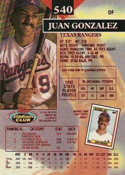 1993 Stadium Club - First Day Production #540 Juan Gonzalez Back