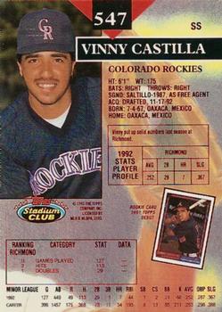 1993 Stadium Club - First Day Production #547 Vinny Castilla Back