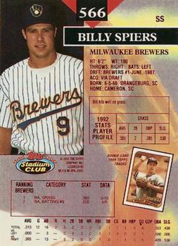 1993 Stadium Club - First Day Production #566 Bill Spiers Back