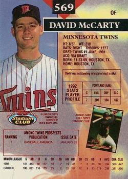 1993 Stadium Club - First Day Production #569 David McCarty Back