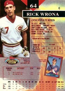 1993 Stadium Club - First Day Production #64 Rick Wrona Back
