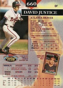 1993 Stadium Club - First Day Production #660 David Justice Back