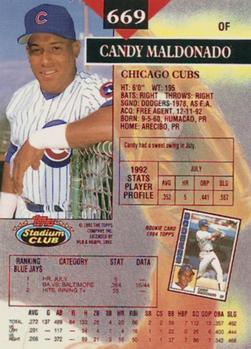 1993 Stadium Club - First Day Production #669 Candy Maldonado Back
