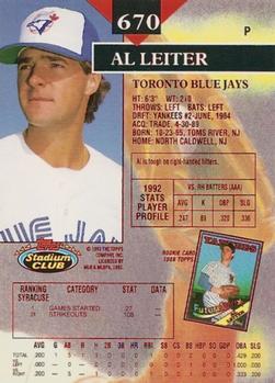 1993 Stadium Club - First Day Production #670 Al Leiter Back