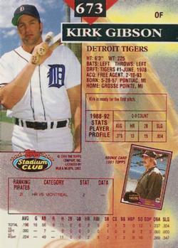 1993 Stadium Club - First Day Production #673 Kirk Gibson Back