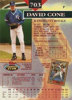 1993 Stadium Club - First Day Production #703 David Cone Back