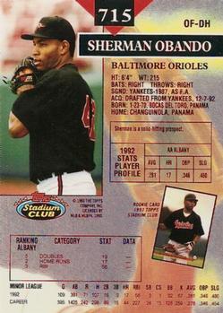 1993 Stadium Club - First Day Production #715 Sherman Obando Back