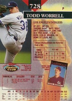 1993 Stadium Club - First Day Production #728 Todd Worrell Back