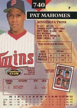 1993 Stadium Club - First Day Production #740 Pat Mahomes Back