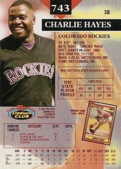 1993 Stadium Club - First Day Production #743 Charlie Hayes Back