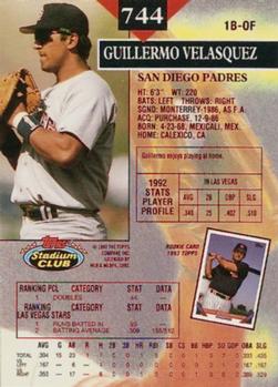 1993 Stadium Club - First Day Production #744 Guillermo Velasquez Back
