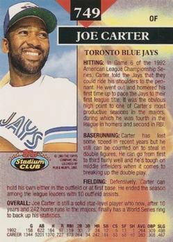 1993 Stadium Club - First Day Production #749 Joe Carter Back