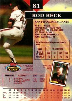 1993 Stadium Club - First Day Production #81 Rod Beck Back