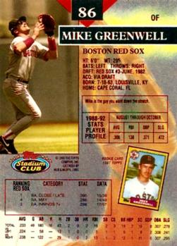 1993 Stadium Club - First Day Production #86 Mike Greenwell Back