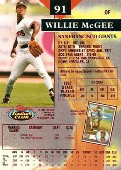 1993 Stadium Club - First Day Production #91 Willie McGee Back