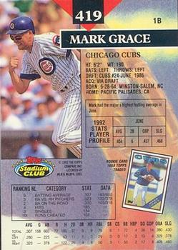 1993 Stadium Club - Members Only #419 Mark Grace Back