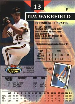 1993 Stadium Club - Members Only #13 Tim Wakefield Back