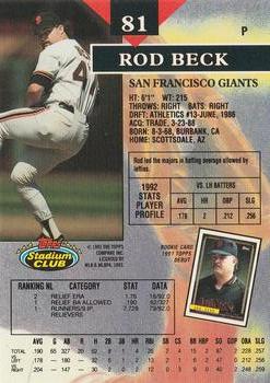 1993 Stadium Club - Members Only #81 Rod Beck Back