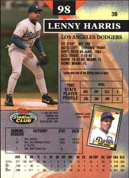1993 Stadium Club - Members Only #98 Lenny Harris Back