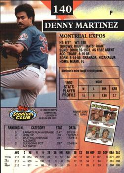 1993 Stadium Club - Members Only #140 Denny Martinez Back