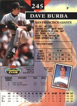 1993 Stadium Club - Members Only #245 Dave Burba Back