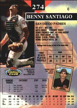 1993 Stadium Club - Members Only #274 Benny Santiago Back