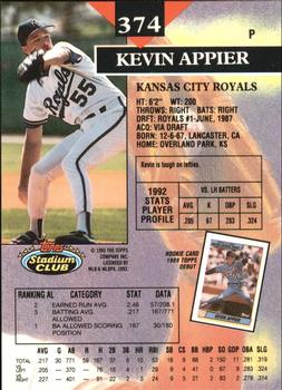 1993 Stadium Club - Members Only #374 Kevin Appier Back