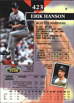 1993 Stadium Club - Members Only #423 Erik Hanson Back