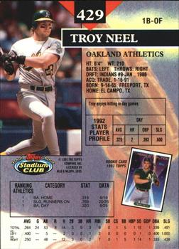 1993 Stadium Club - Members Only #429 Troy Neel Back