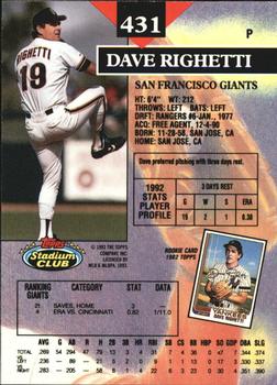 1993 Stadium Club - Members Only #431 Dave Righetti Back