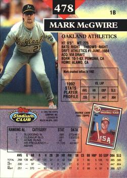 1993 Stadium Club - Members Only #478 Mark McGwire Back