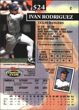 1993 Stadium Club - Members Only #524 Ivan Rodriguez Back