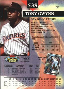 1993 Stadium Club - Members Only #538 Tony Gwynn Back
