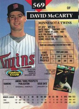 1993 Stadium Club - Members Only #569 David McCarty Back