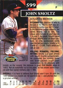 1993 Stadium Club - Members Only #599 John Smoltz Back