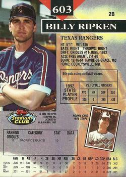 1993 Stadium Club - Members Only #603 Billy Ripken Back
