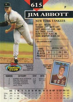 1993 Stadium Club - Members Only #615 Jim Abbott Back