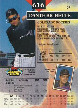 1993 Stadium Club - Members Only #616 Dante Bichette Back