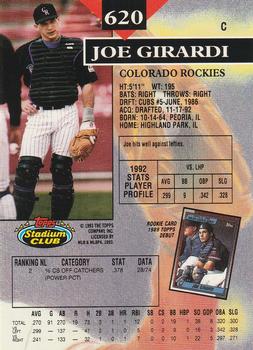 1993 Stadium Club - Members Only #620 Joe Girardi Back