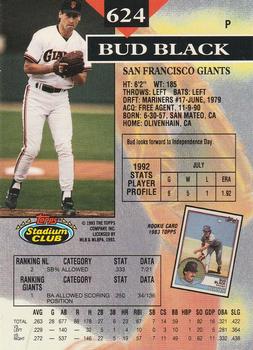 1993 Stadium Club - Members Only #624 Bud Black Back
