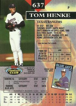 1993 Stadium Club - Members Only #637 Tom Henke Back