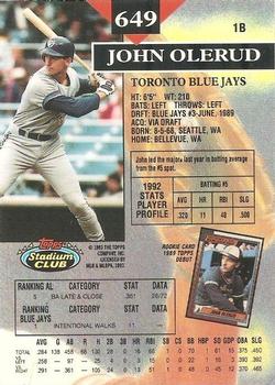 1993 Stadium Club - Members Only #649 John Olerud Back