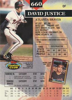 1993 Stadium Club - Members Only #660 David Justice Back