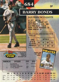 1993 Stadium Club - Members Only #684 Barry Bonds Back