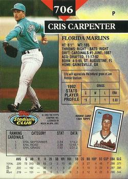 1993 Stadium Club - Members Only #706 Cris Carpenter Back