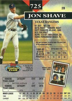 1993 Stadium Club - Members Only #725 Jon Shave Back