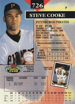1993 Stadium Club - Members Only #726 Steve Cooke Back